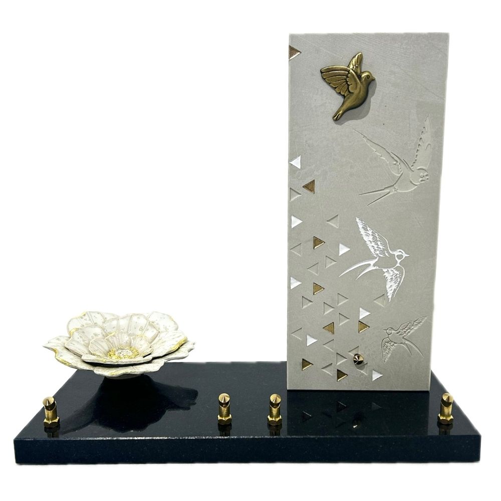 Plaque Funéraire Adriena Oiseaux et Fleur Beige céramique 35x31