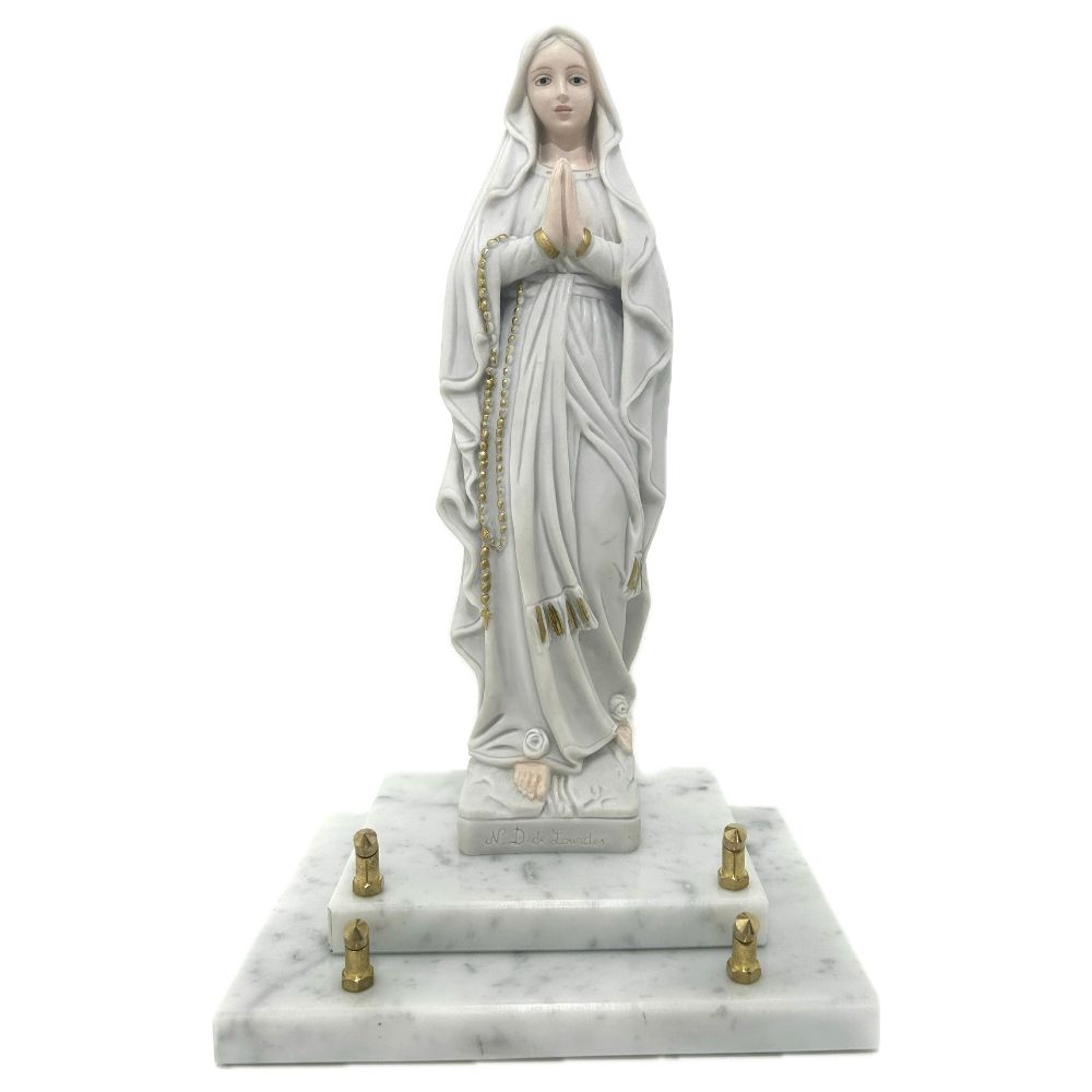 Plaque funéraire Irène Marbre Blanc Vierge - Notre Dame de Lourdes H34cm