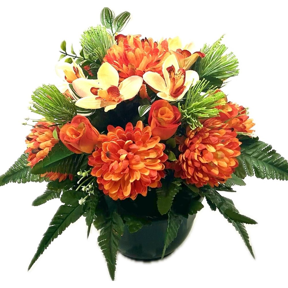 Composition Fleurs Artificielles Lavinia Orange - Chrysanthèmes et Orchidées