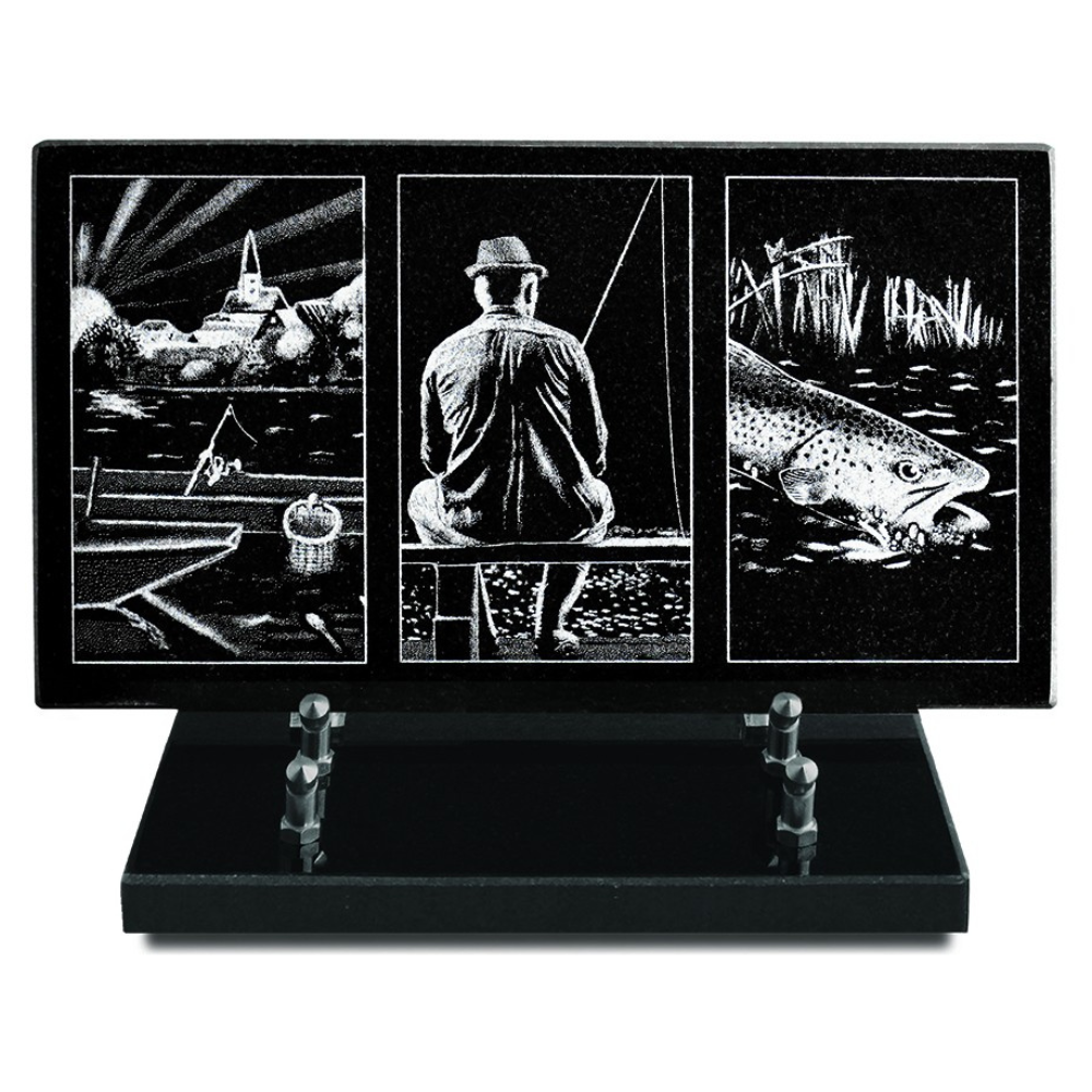 Plaque Funéraire Granit noir Alignan dessin gravé Pêcheur 29x18cm