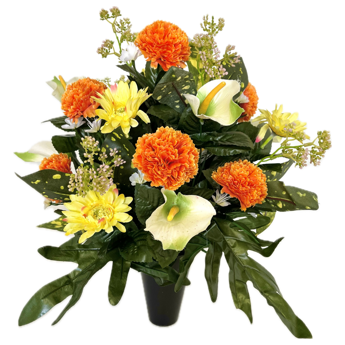 Bouquet Artificiel lesté cône funéraire Lisette Orange - Œillets et Arums