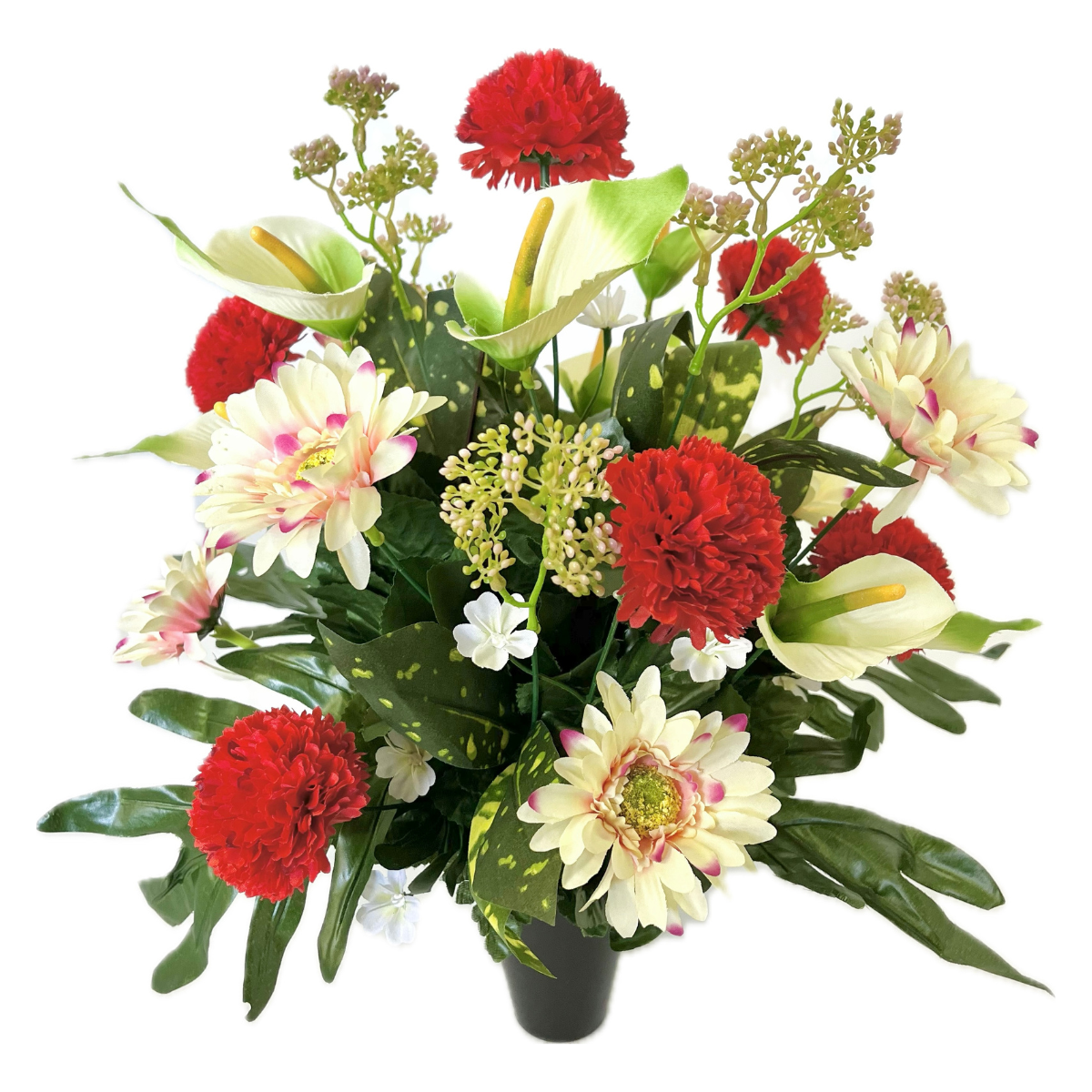 Bouquet Artificiel lesté cône funéraire Lisette Rouge - Œillets et Arums