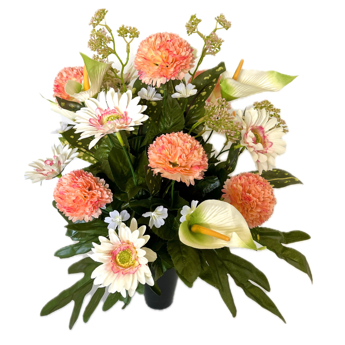 Bouquet Artificiel lesté cône funéraire Lisette Saumon - Œillets et Arums