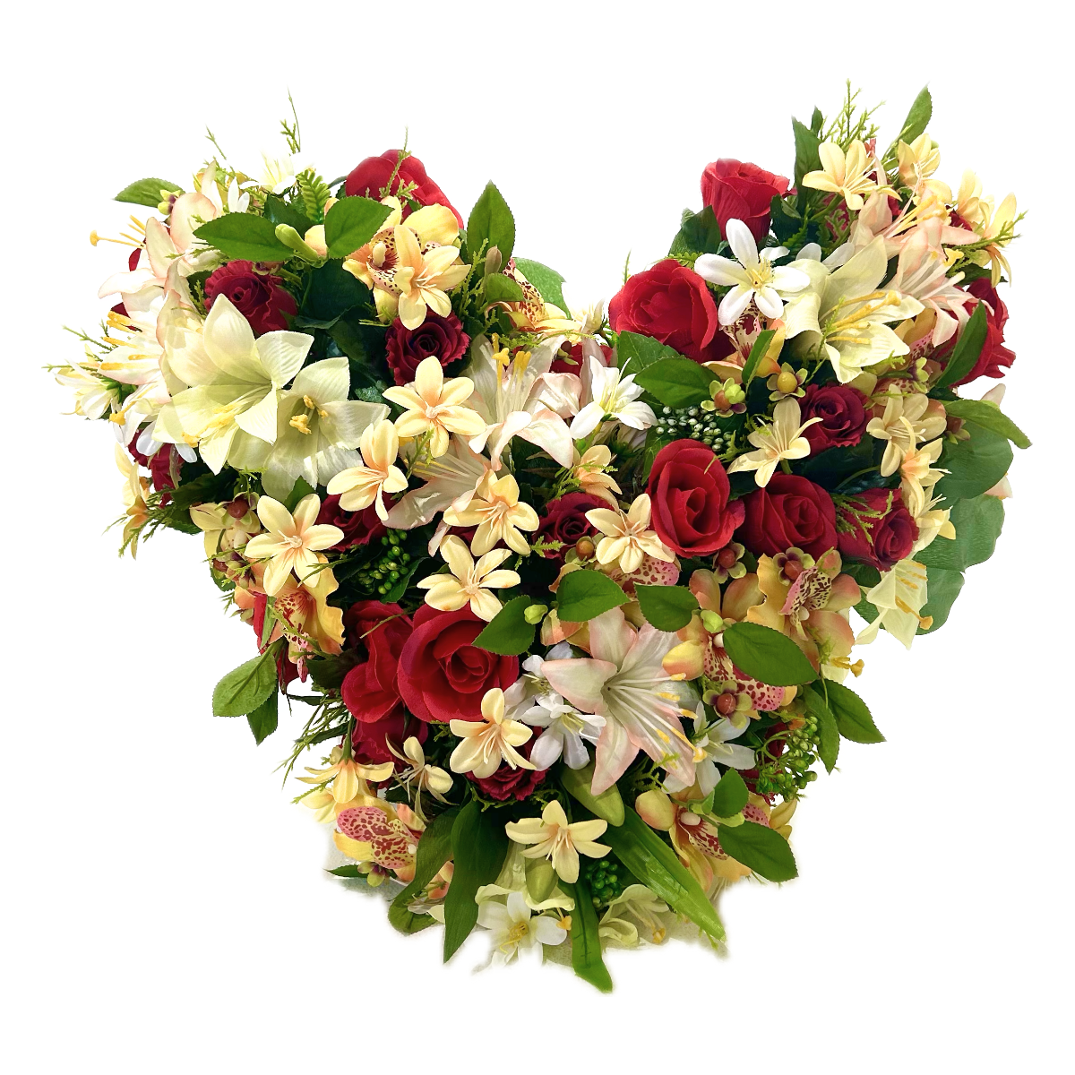 Cœur Funéraire Fleurs Artificielles Aimargues Rouge - Roses Lys Orchidées 50x50cm