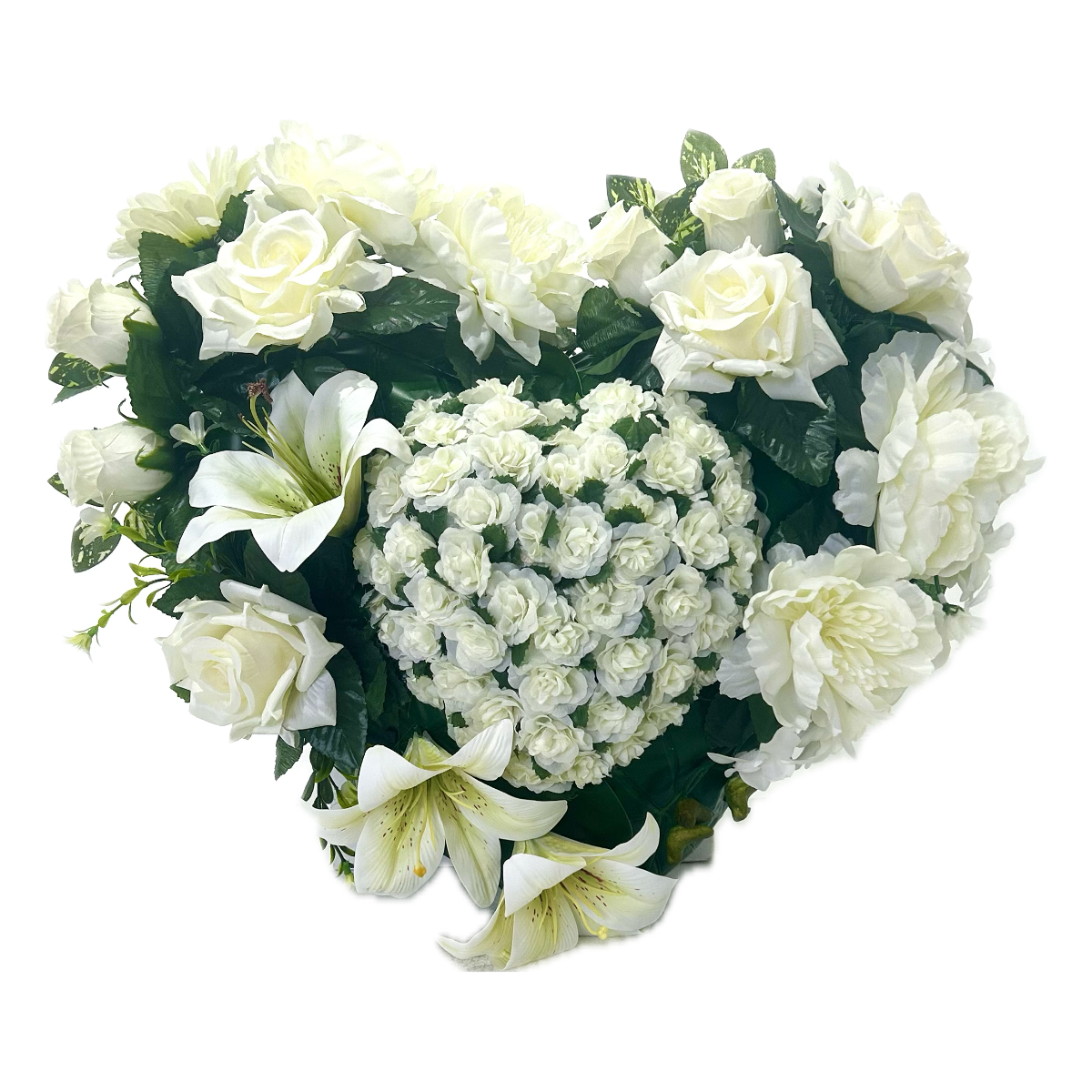 Cœur Funéraire Fleurs Artificielles Aubais Blanc - Roses et Lys 60x50cm