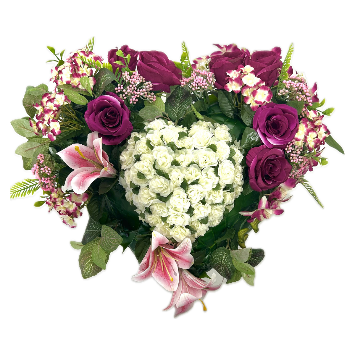 Cœur Funéraire Fleurs Artificielles Aubais Rose - Roses et Lys 60x50cm