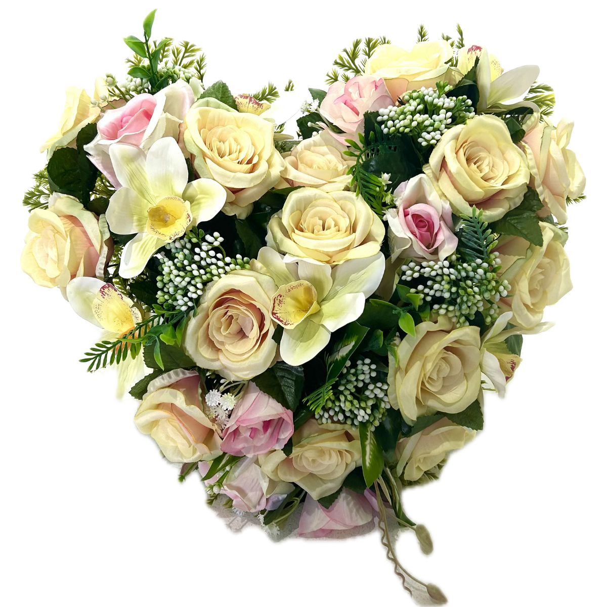 Cœur Funéraire Fleurs Artificielles Compeyre Jaune et Rose - Roses et Orchidées 40x40cm