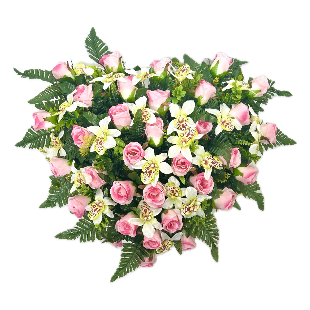 Cœur Funéraire Fleurs Artificielles Saussines Rose - Roses et Orchidées 65x50cm