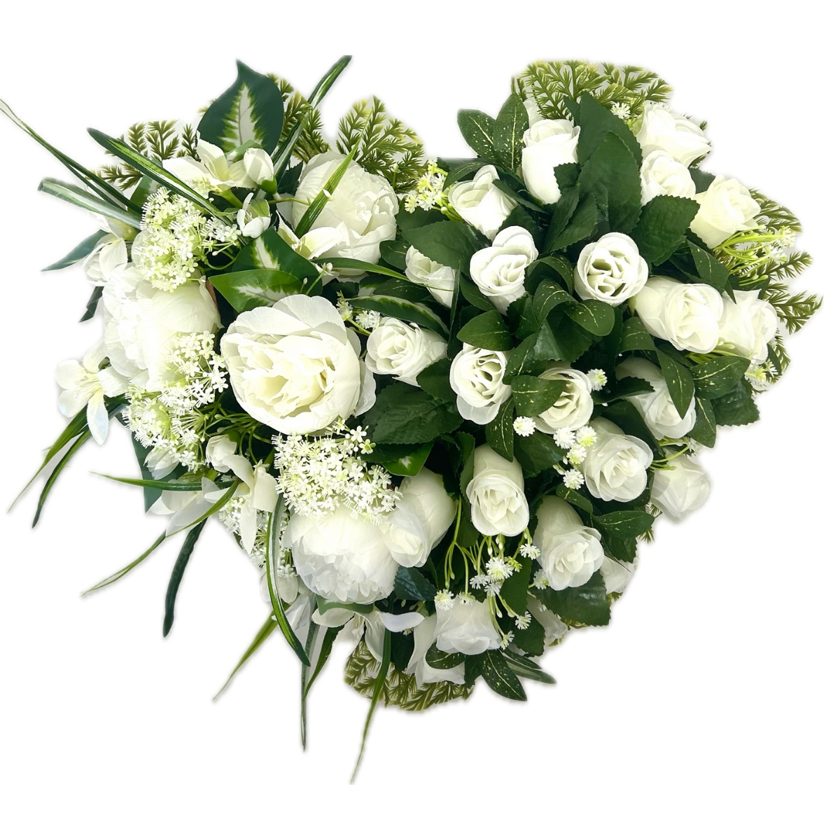 Cœur Funéraire Fleurs Artificielles Uchaud Blanc - Pivoines et Roses 45x40cm