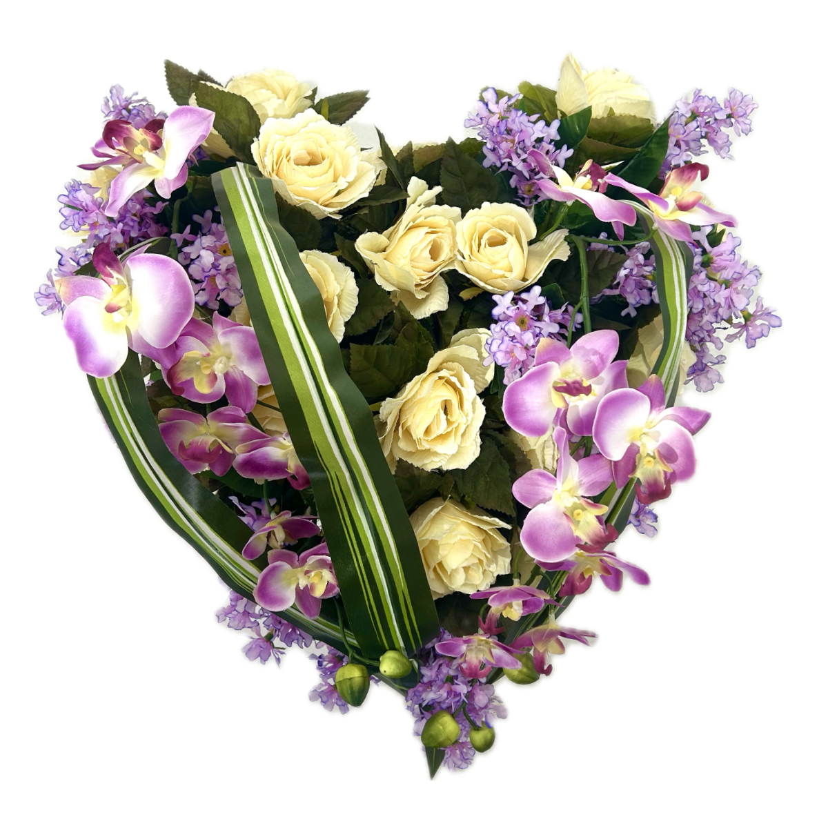 Cœur Funéraire Fleurs Artificielles Verrieres Violet - Roses et Orchidées 40x40cm