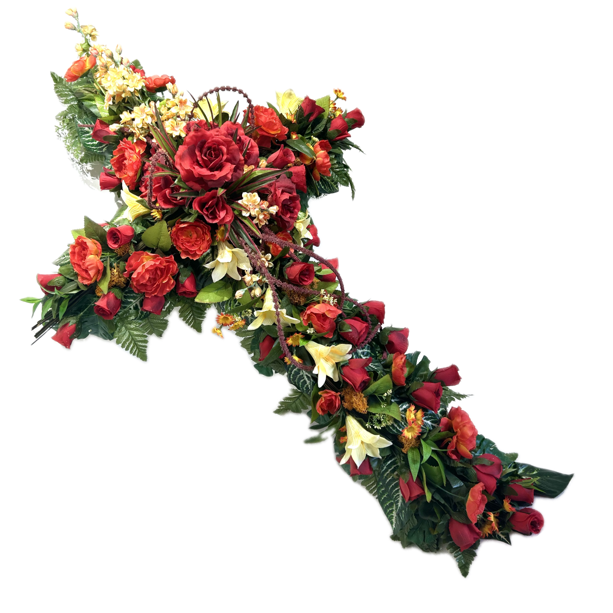Croix Funéraire Fleurs Artificielles Lavérune Rouge - Roses et Lys 120x80cm