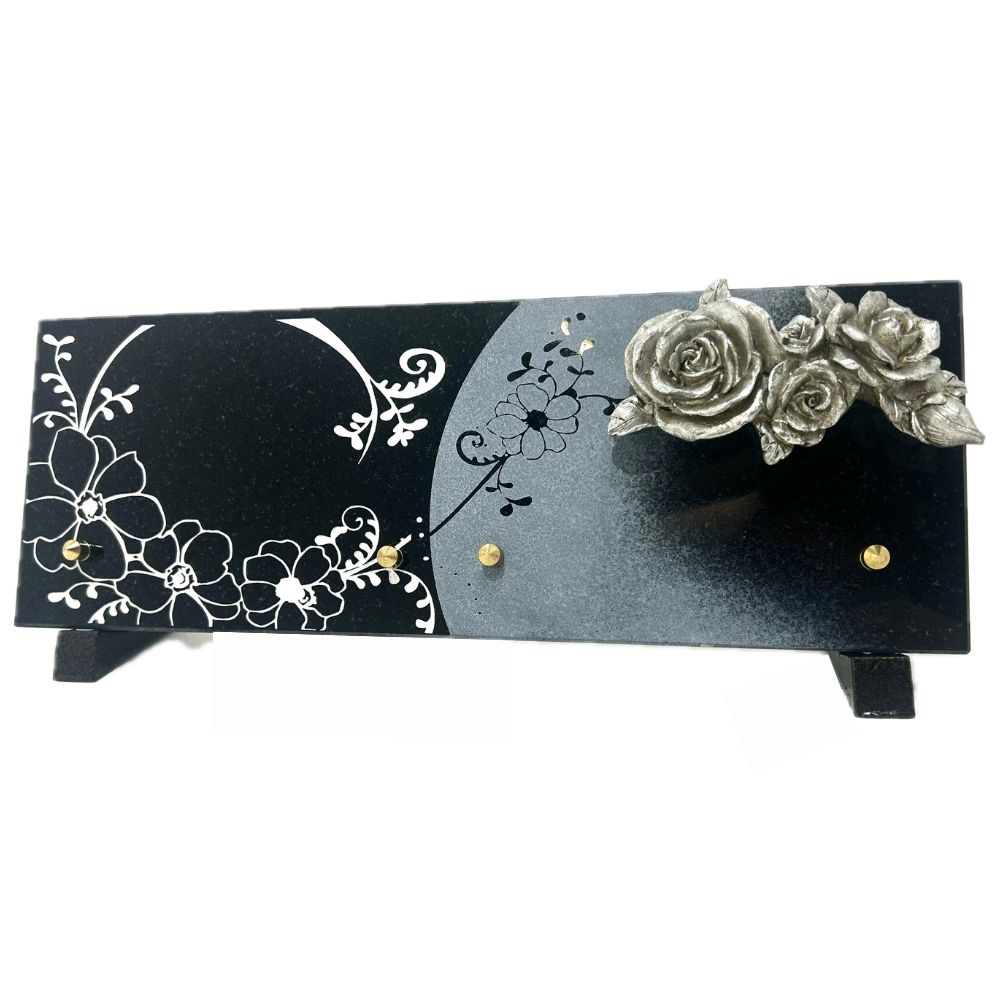 Plaque Funéraire Granit noir Natalia Rose Argent 35x14cm