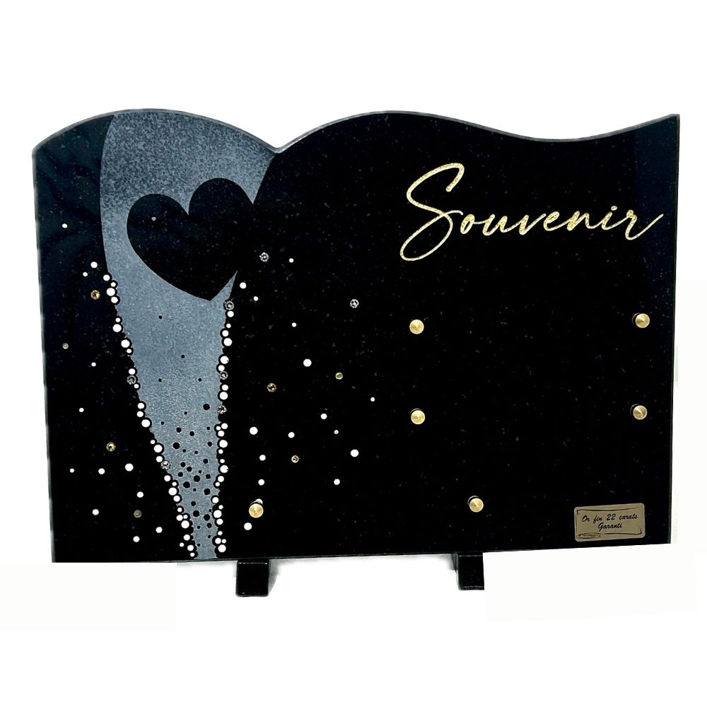 Plaque Funéraire Granit noir et Or fin Viviane Strass et Cœur 35x26cm