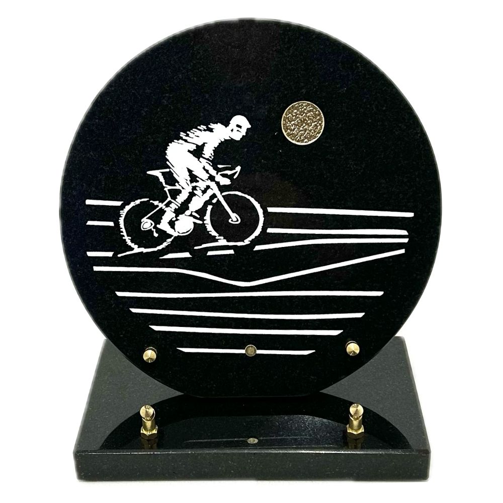 Plaque Funéraire ronde Granit et OR fin Privat Cycliste 25x24cm