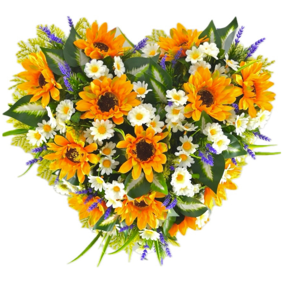 Cœur Funéraire Fleurs Artificielles Planzolle Orange - Tournesols et Marguerites 60x50cm
