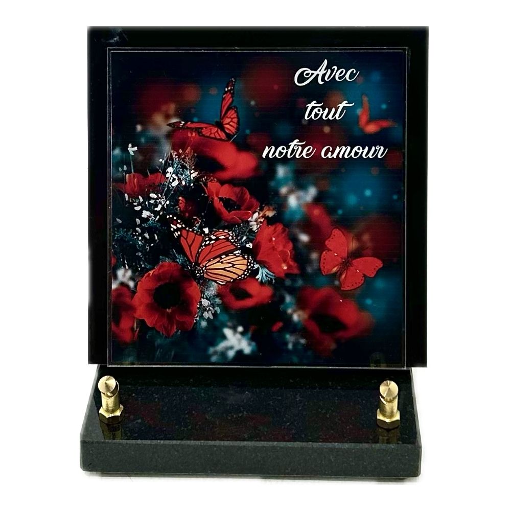 Plaque Funéraire Granit Matelles photo Papillons et Coquelicots 17x16cm