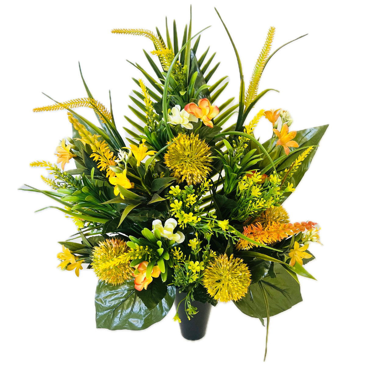 Bouquet Artificiel lesté cône funéraire Angelina Jaune - Alliums et Bruyère