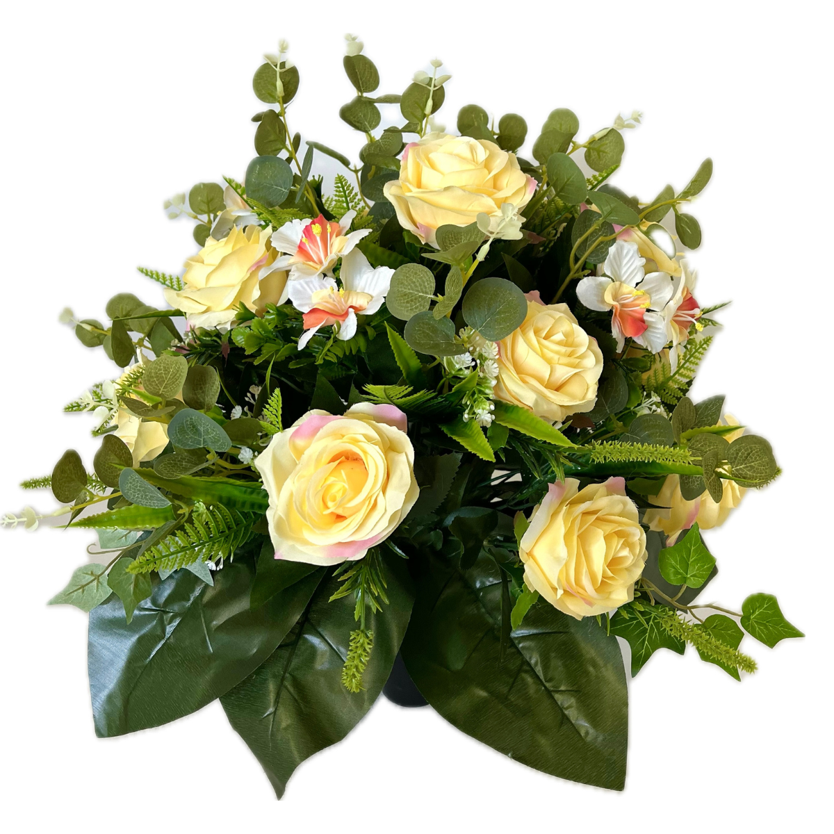 Bouquet Artificiel lesté cône funéraire Giulia Jaune - Roses et Eucalyptus