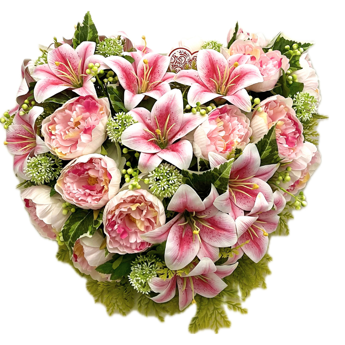 Cœur Funéraire Fleurs Artificielles Dorotea Rose - Lys et Pivoines 55x50cm