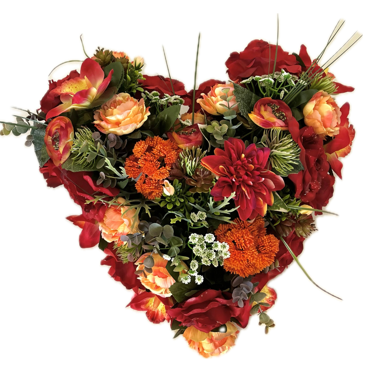 Cœur Funéraire Fleurs Artificielles Falerna Orange - Roses et Renoncules 50x50cm
