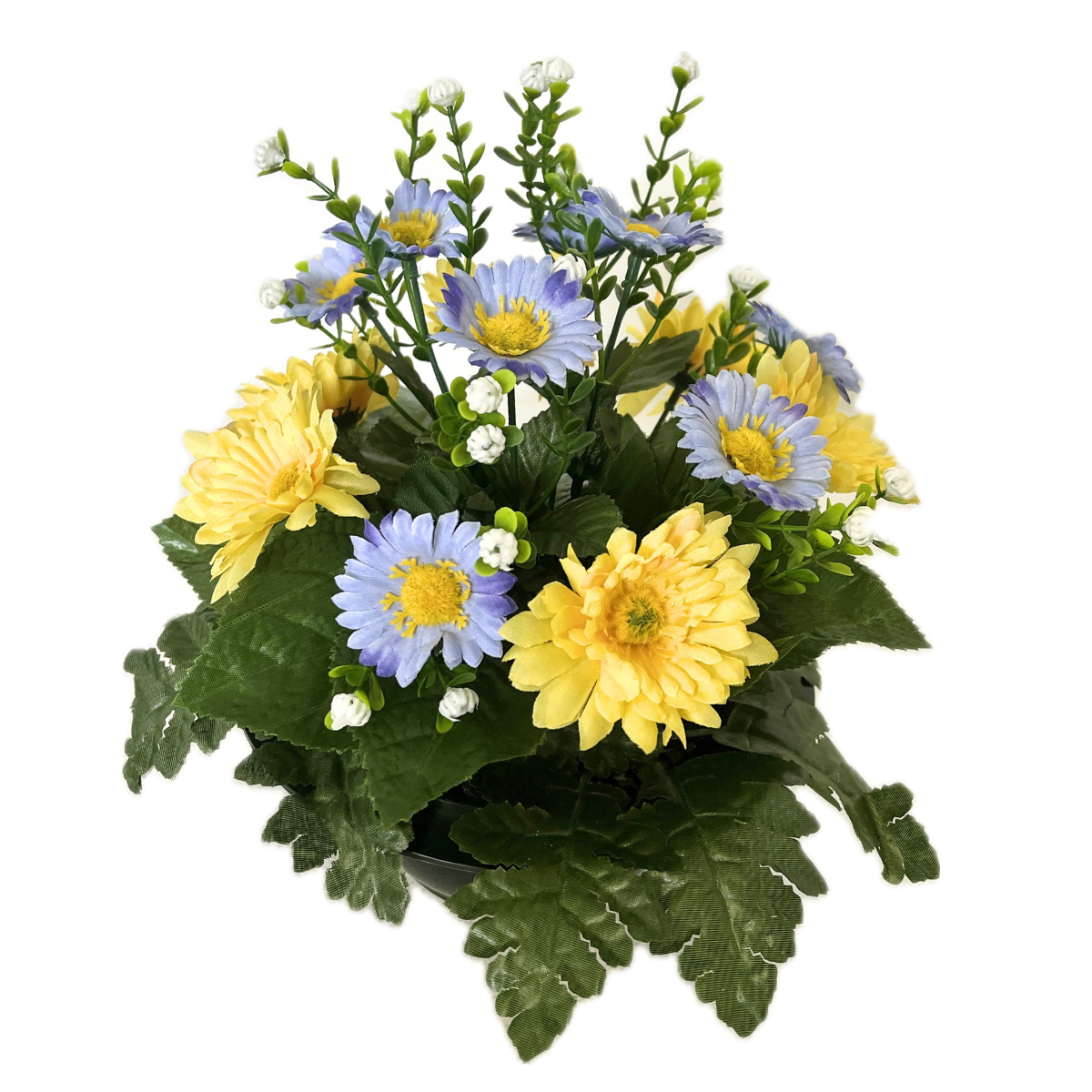Coupe ronde Fleurs Artificielles Alexandrine Jaune et Bleu - Gerberas