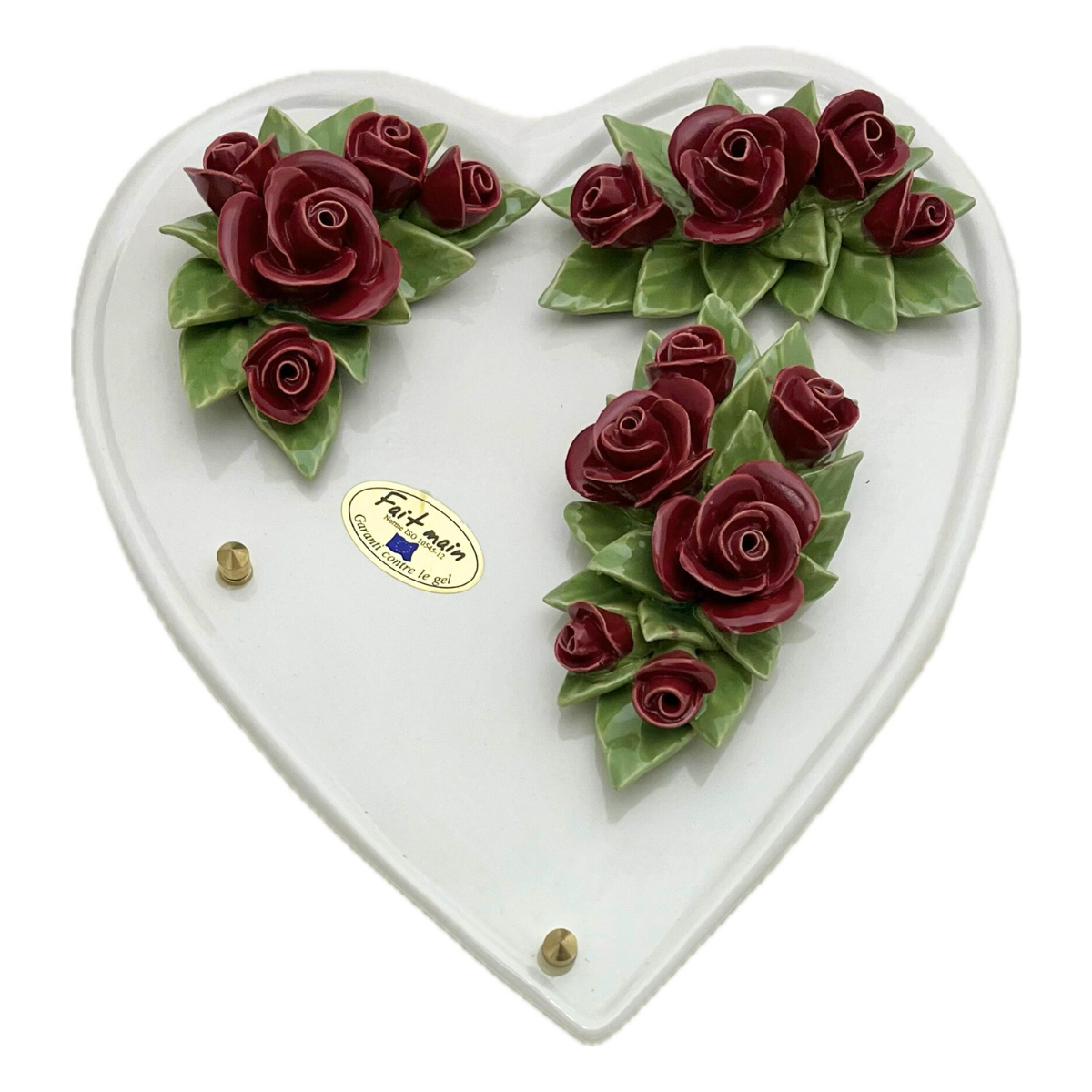 Plaque Funéraire Céramique Florale Briatico - Cœur Blanc Roses Rouges