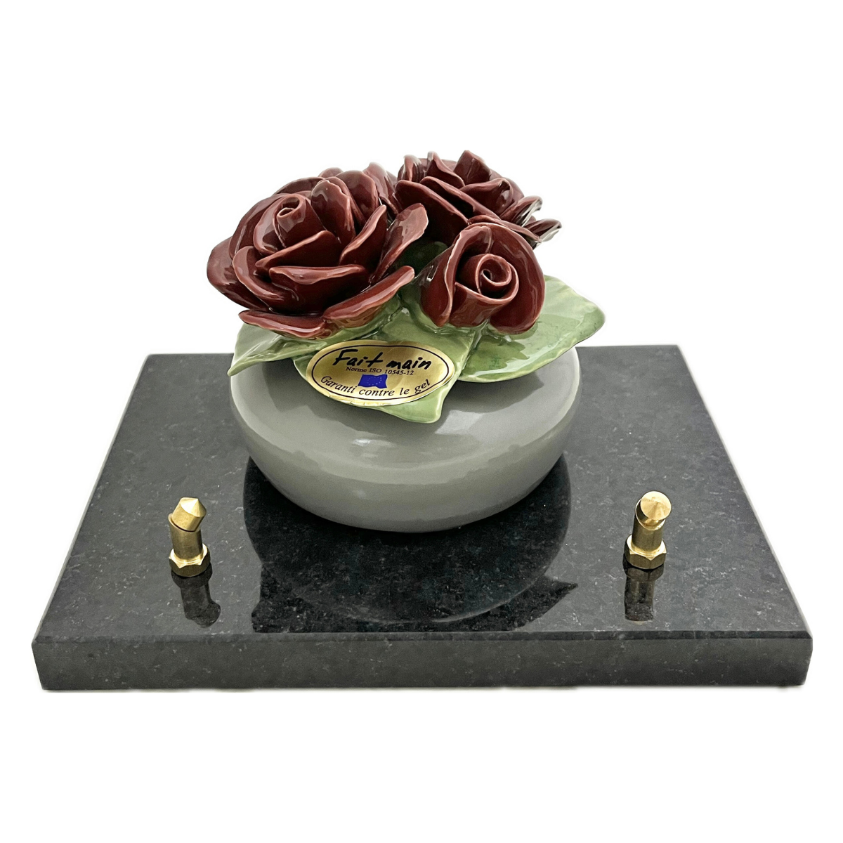 Plaque Funéraire Céramique Florale Verzino - Galet Roses Grenats