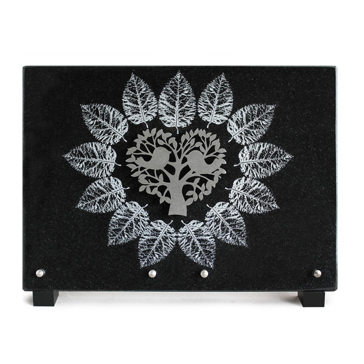 Plaque Funéraire Granit noir Balazuc Arbre de Vie dessin feuilles 36x26cm
