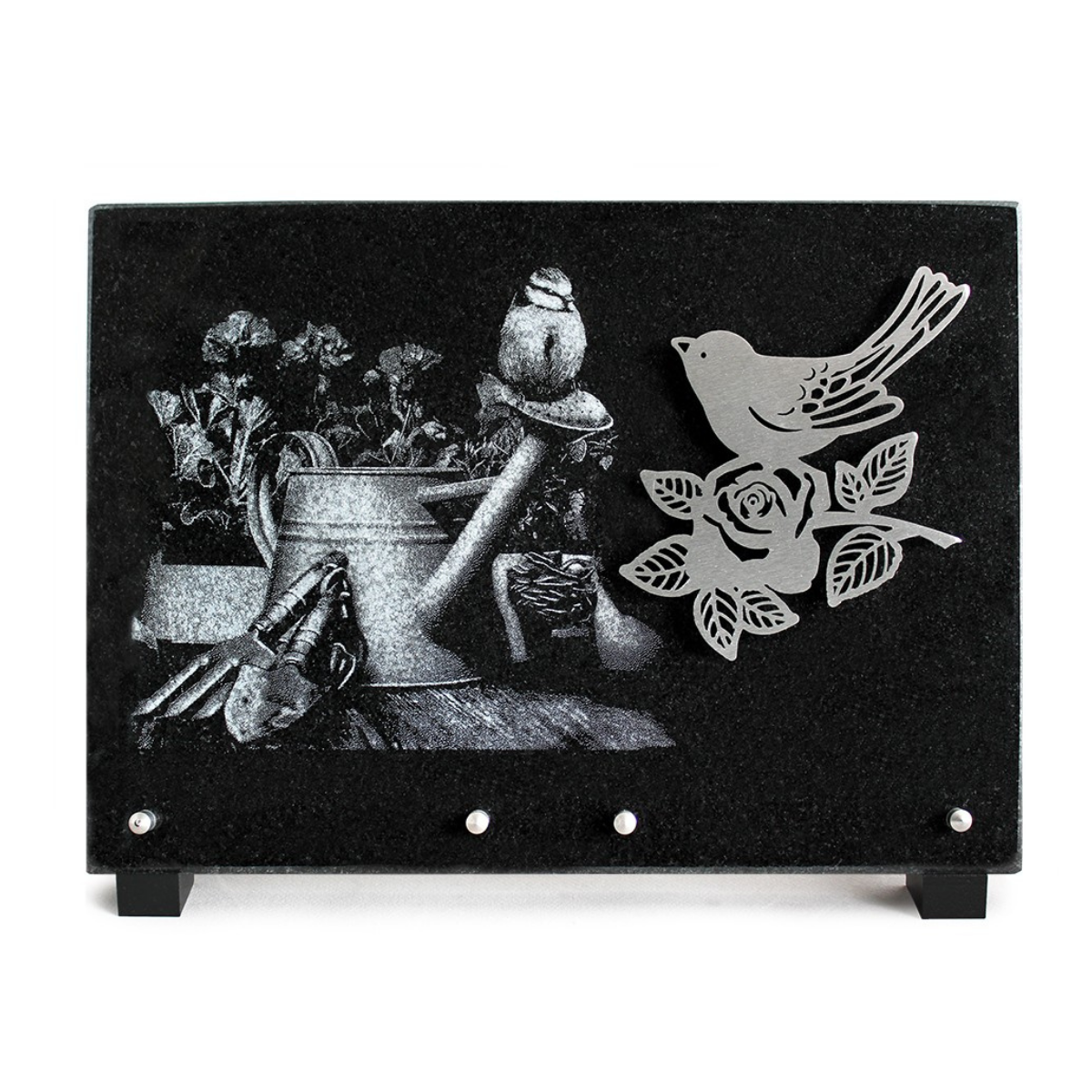 Plaque Funéraire Granit noir Beaumont Oiseau dessin Jardinage 36x26cm