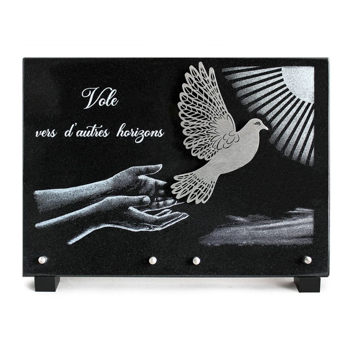 Plaque Funéraire Granit noir Lavilledieu Colombe dessin envol 36x26cm