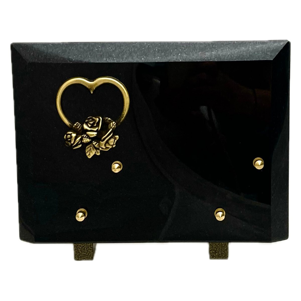 Plaque Funéraire Granit noir Oriolo Bronze Cœur et Roses 25x22cm