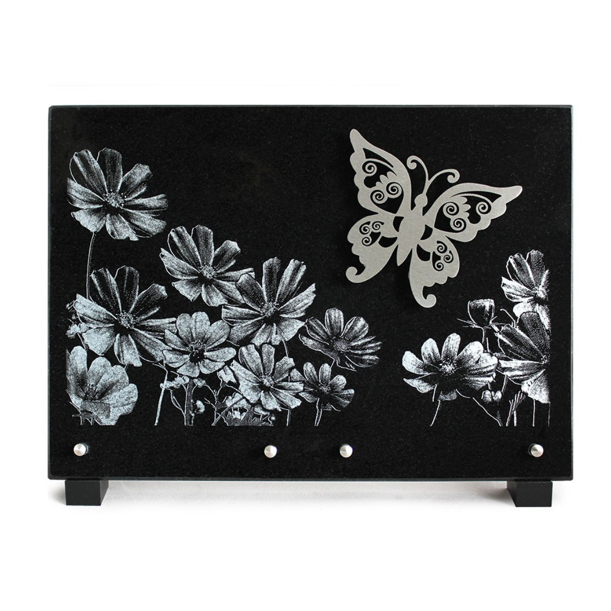 Plaque Funéraire Granit noir Sanilhac Papillon dessin Fleurs 36x26cm