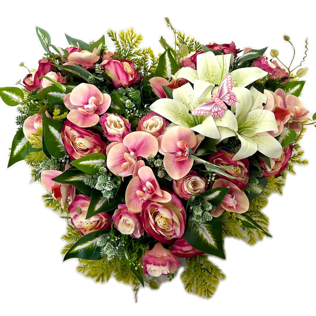 Cœur Funéraire Fleurs Artificielles Calanna Rose - Orchidées et Lys 55x48cm