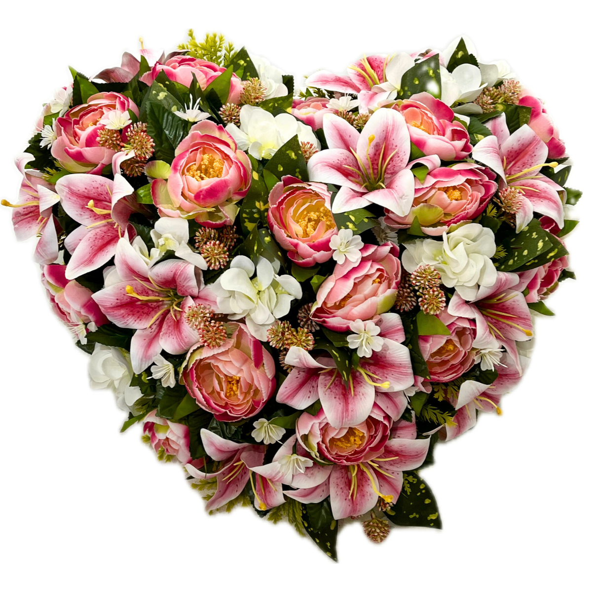 Cœur Funéraire Fleurs Artificielles Dinami Rose - Lys et Renoncules 60x50cm