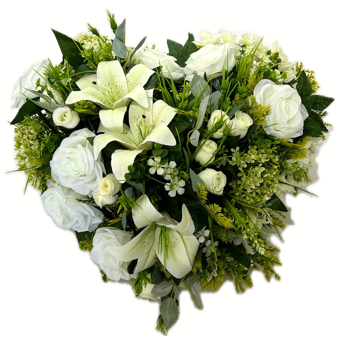 Cœur Funéraire Fleurs Artificielles Galatro Blanc - Lys et Roses 50x48cm