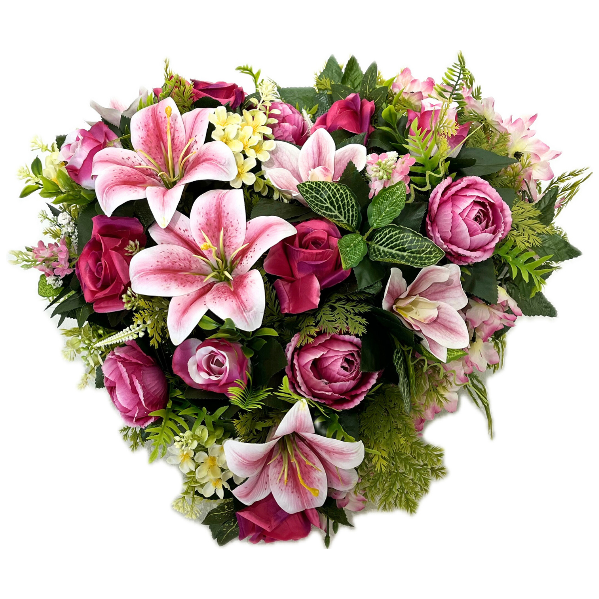 Cœur Funéraire Fleurs Artificielles Magisano Fuchsia - Lys et Roses 50x48cm