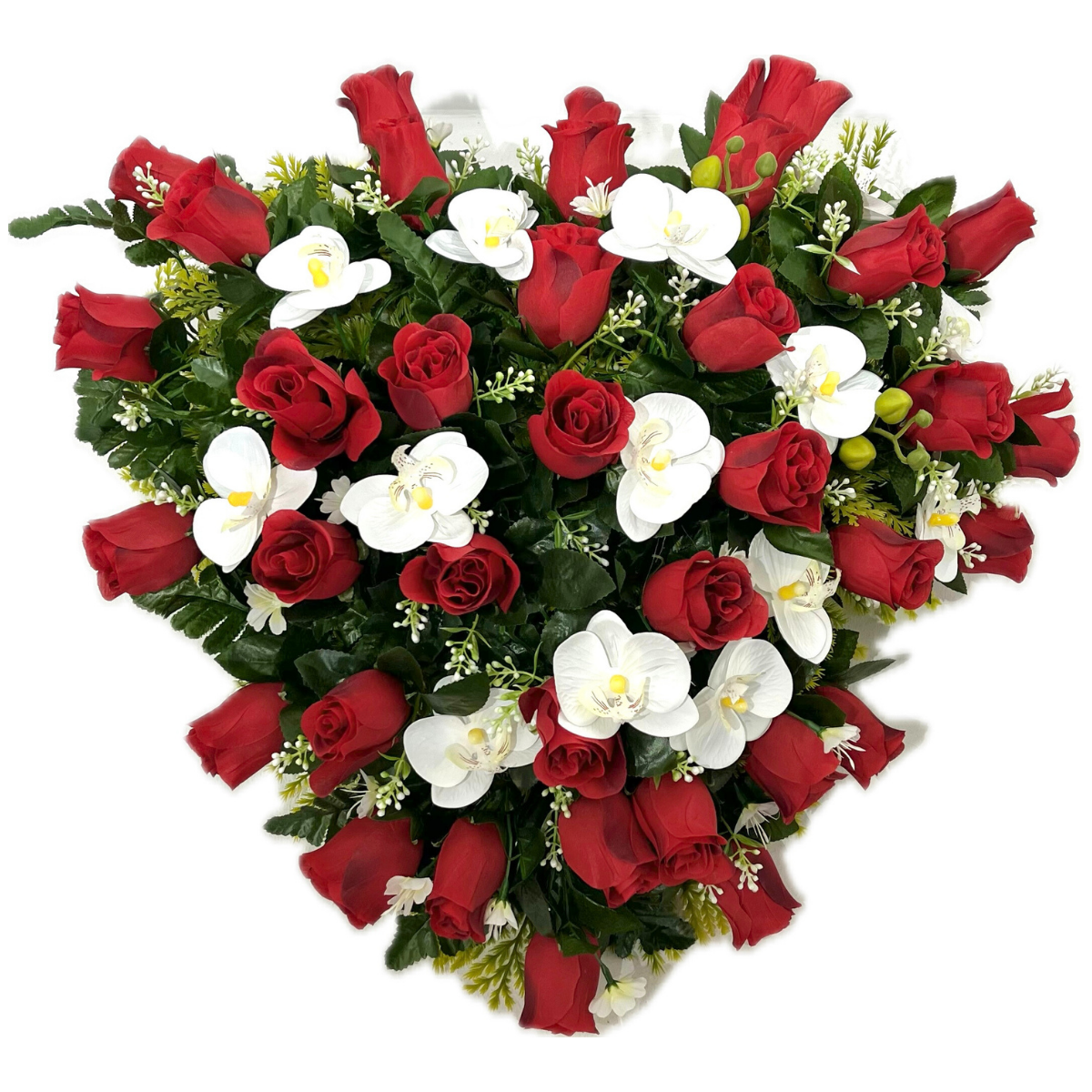 Cœur Funéraire Fleurs Artificielles Verbicaro Rouge et Blanc - Roses et Orchidées 55x55cm